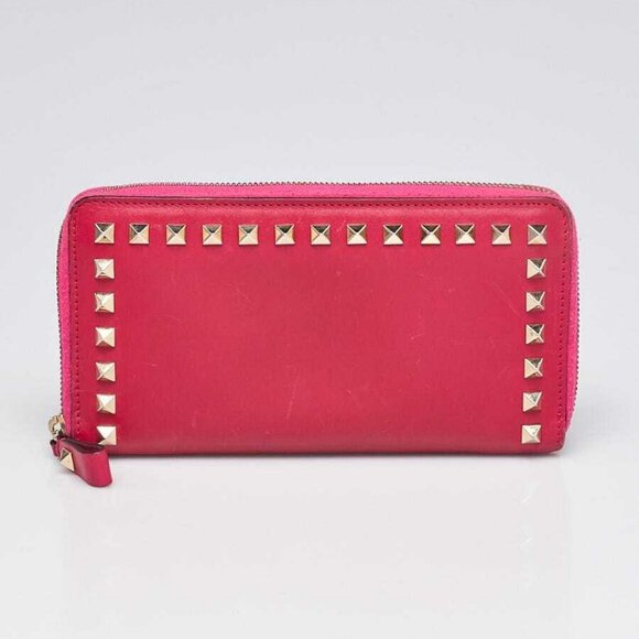 Valentino Dark Pink Leather Rockstud Zippy Wallet - Picture 1 of 10